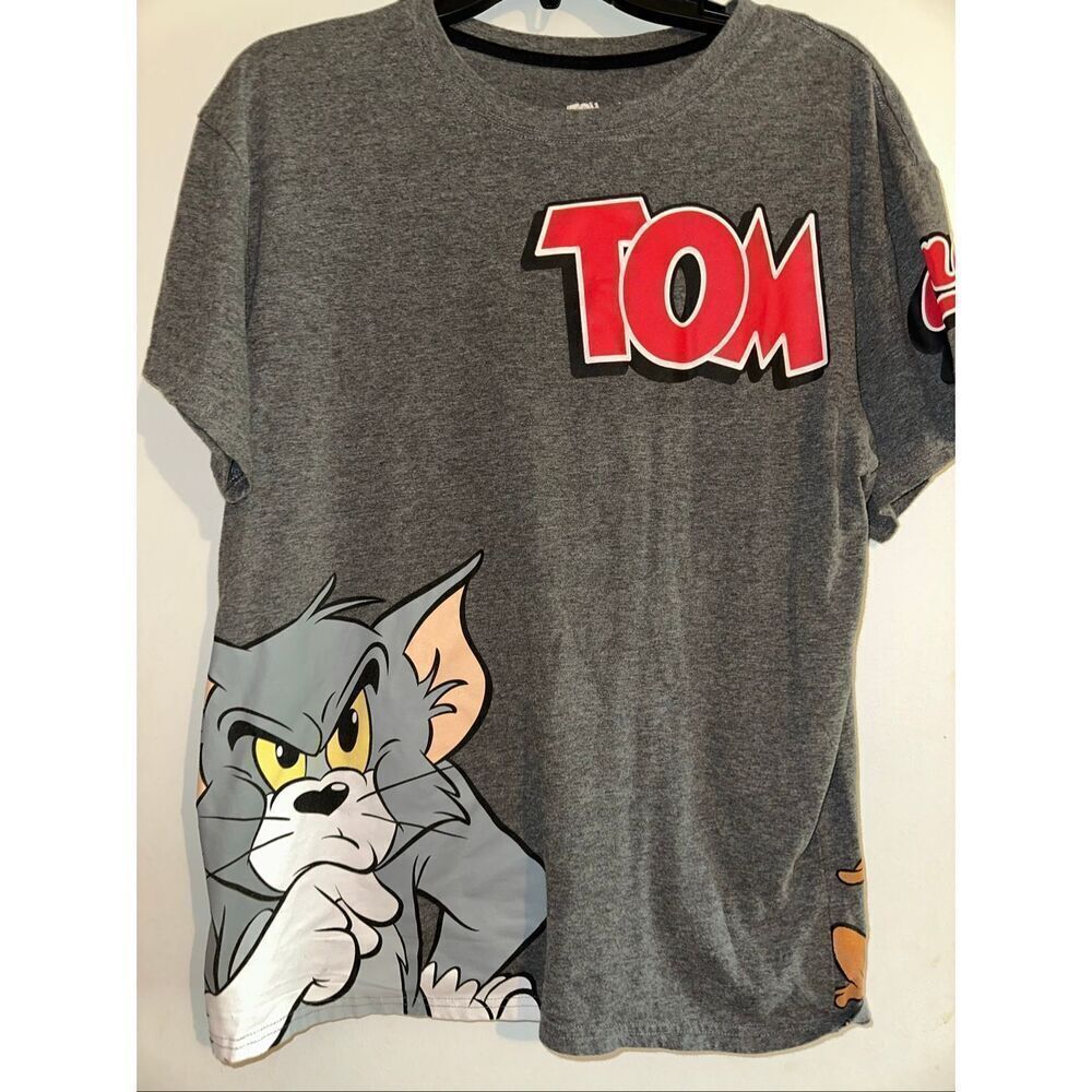 Tom And Jerry Graphic Print Cartoon Logo Grey Double Sided Size L T-shirt